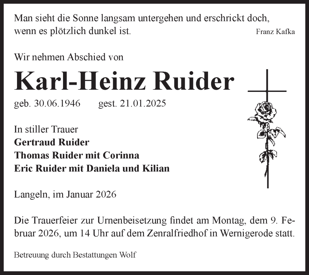  Traueranzeige für Karl-Heinz Ruider vom 24.01.2026 aus Volksstimme Wernigerode