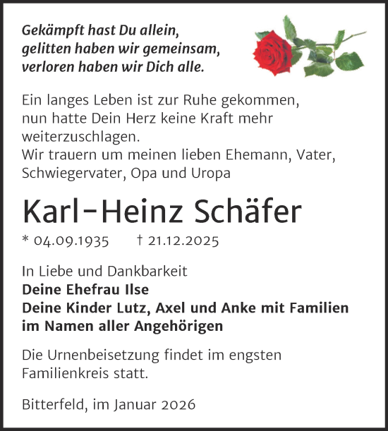 Traueranzeige von Karl-Heinz Schäfer von Trauerkombi Bitterfeld