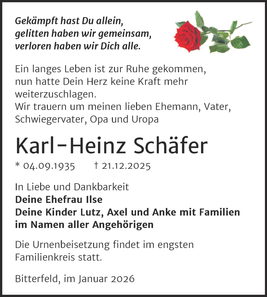  Traueranzeige für Karl-Heinz Schäfer vom 10.01.2026 aus Trauerkombi Bitterfeld