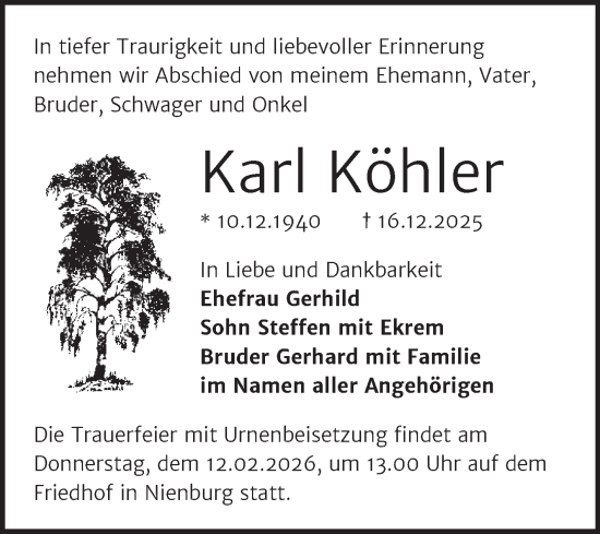 Traueranzeige von Karl Köhler von Trauerkombi Bernburg