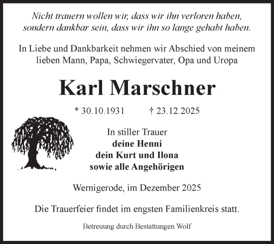 Traueranzeige von Karl Marschner von Volksstimme Wernigerode
