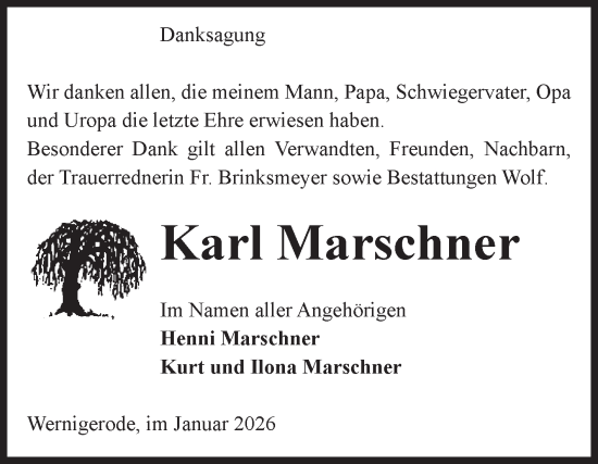 Traueranzeige von Karl Marschner von Volksstimme Wernigerode