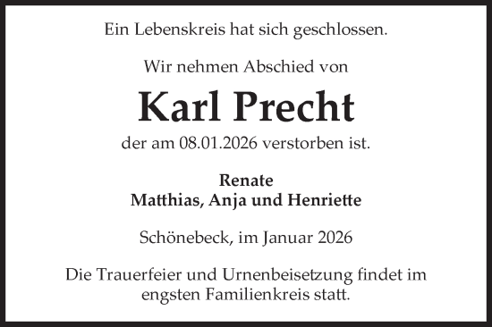 Traueranzeige von Karl Precht von Volksstimme Schönebeck