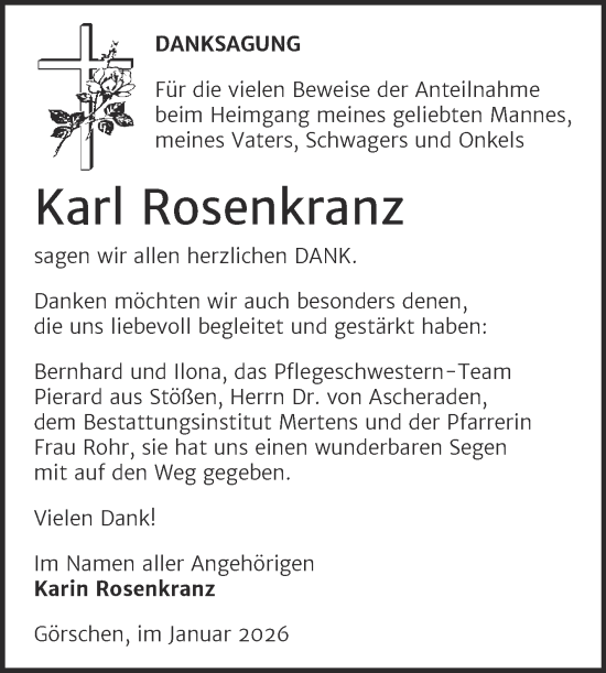 Traueranzeige von Karl Rosenkranz von Super Sonntag Naumburg/Nebra