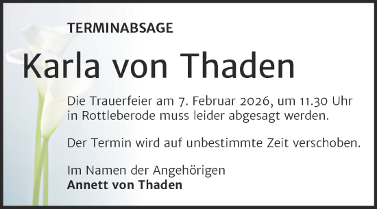 Traueranzeige von Karla von Thaden von Trauerkombi Sangerhausen