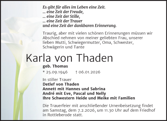 Traueranzeige von Karla von Thaden von Trauerkombi Sangerhausen