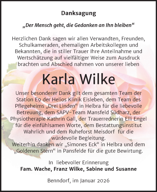 Traueranzeige von Karla Wilke von Trauerkombi Mansfelder Land