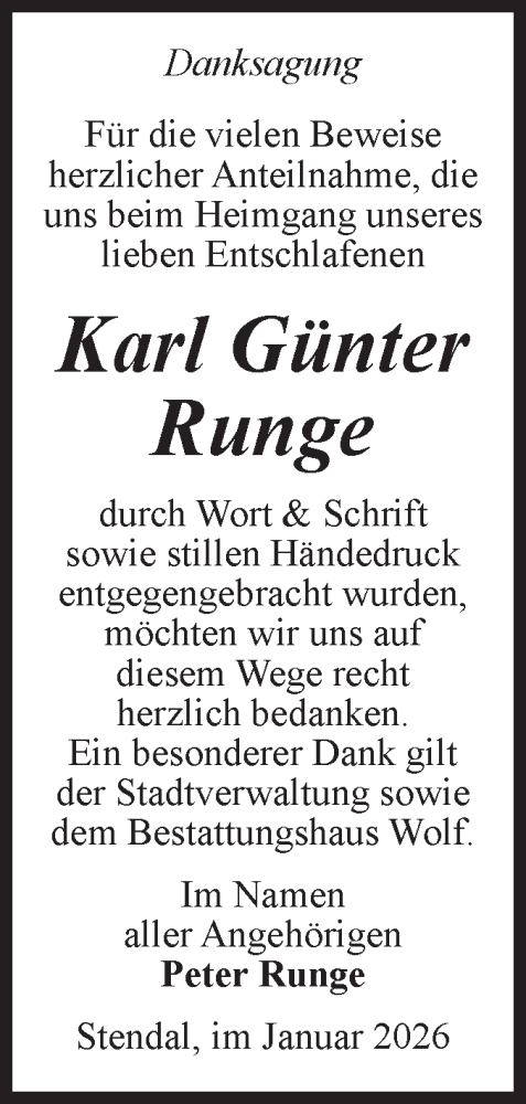  Traueranzeige für Karl Günter Runge vom 31.01.2026 aus Volksstimme Altmark Ost