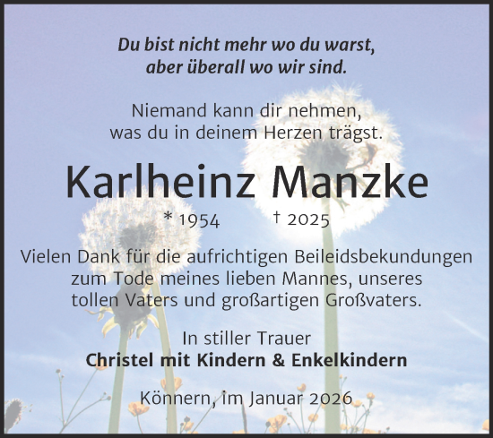 Traueranzeige von Karlheinz Manzke von Trauerkombi Bernburg