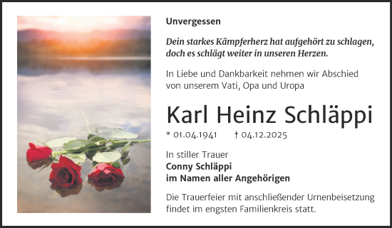 Traueranzeige von Karl Heinz Schläppi von Trauerkombi Wittenberg