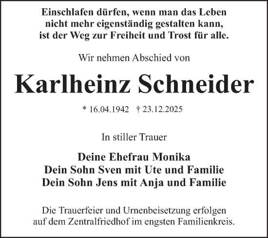 Traueranzeige von Karlheinz Schneider von Trauerkombi Dessau