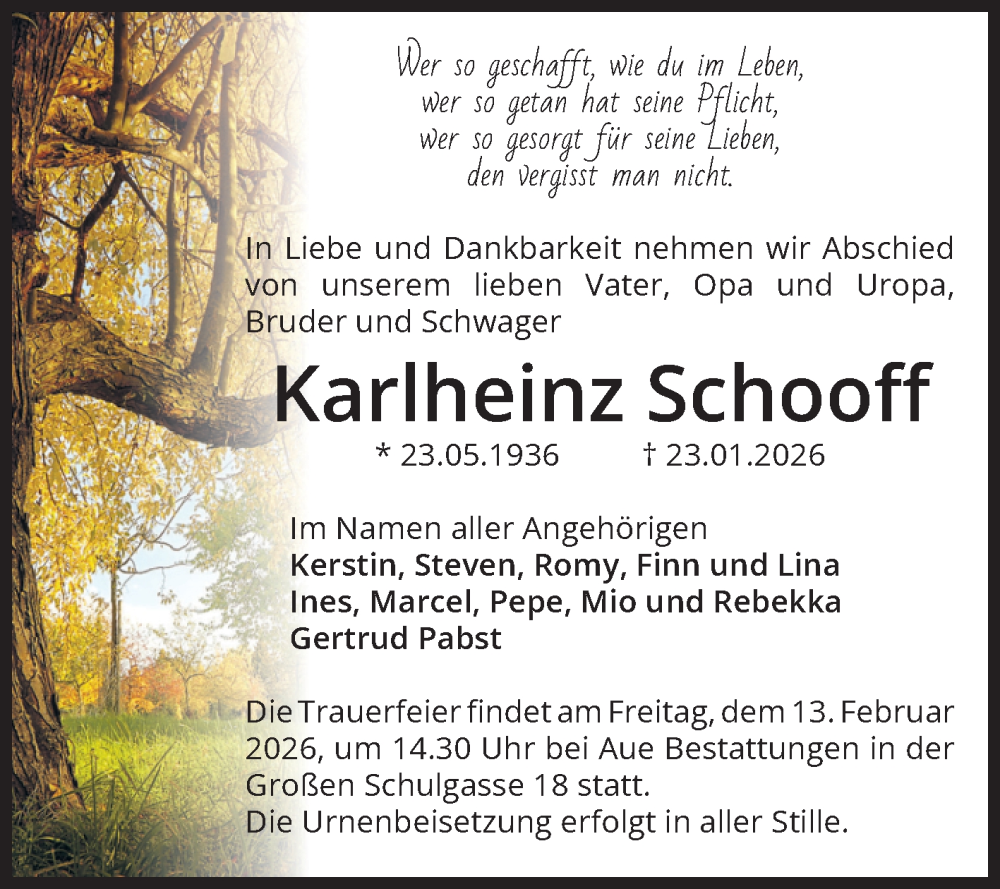  Traueranzeige für Karlheinz Schooff vom 31.01.2026 aus Volksstimme Magdeburg