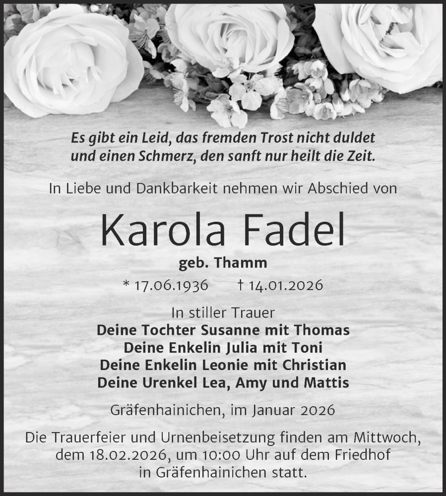  Traueranzeige für Karola Fadel vom 31.01.2026 aus Trauerkombi Wittenberg