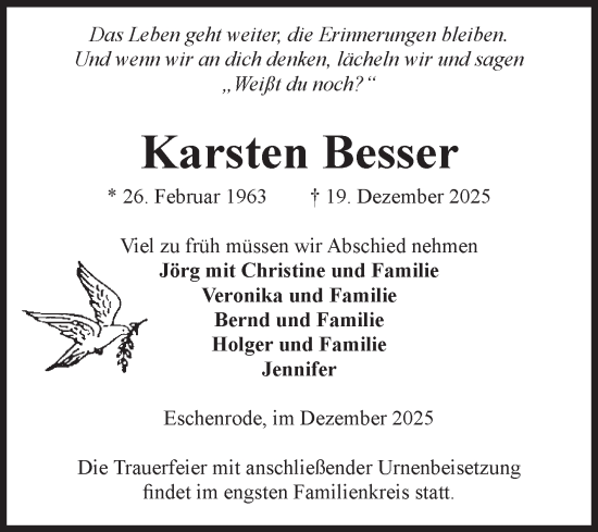 Traueranzeige von Karsten Besser von Volksstimme Haldensleben/Wolmirstedt