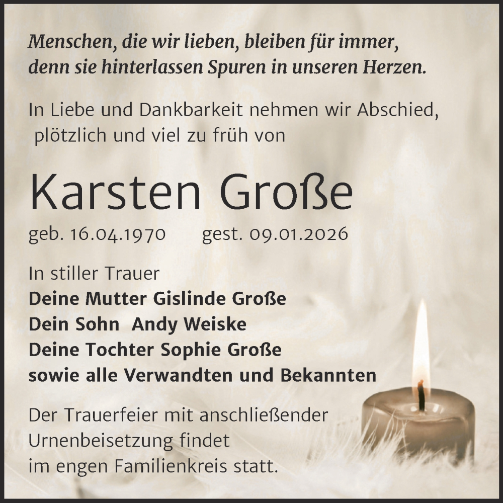  Traueranzeige für Karsten Große vom 31.01.2026 aus Trauerkombi Bitterfeld