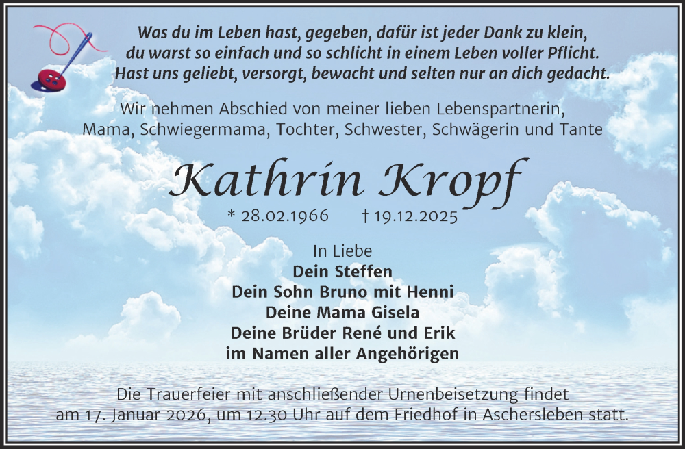 Traueranzeige für Kathrin Kropf vom 03.01.2026 aus Trauerkombi Aschersleben