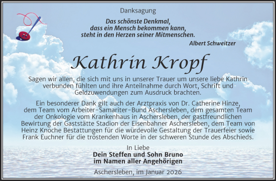 Traueranzeige von Kathrin Kropf von Trauerkombi Aschersleben