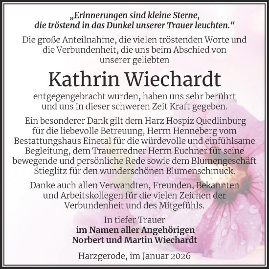 Traueranzeige von Kathrin Wiechardt von Trauerkombi Quedlinburg