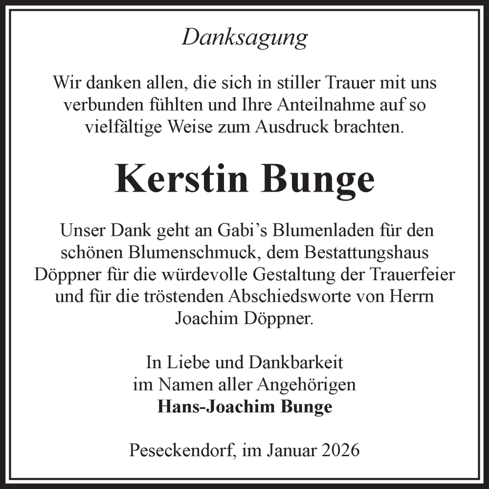  Traueranzeige für Kerstin Bunge vom 17.01.2026 aus Volksstimme Oschersleben/Wanzleben