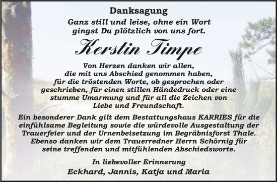 Traueranzeige von Kerstin Timpe von Trauerkombi Quedlinburg