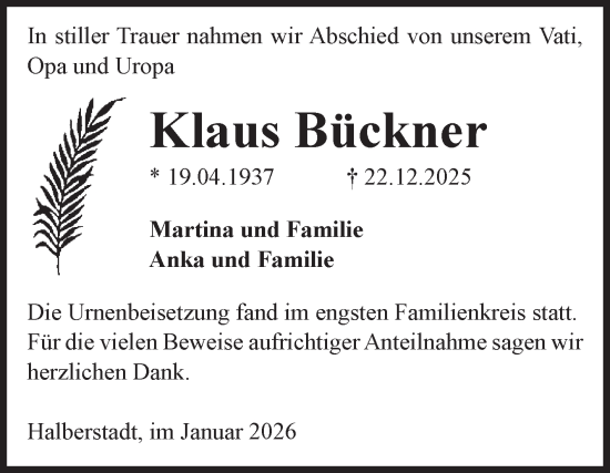 Traueranzeige von Klaus Bückner von Volksstimme Halberstadt