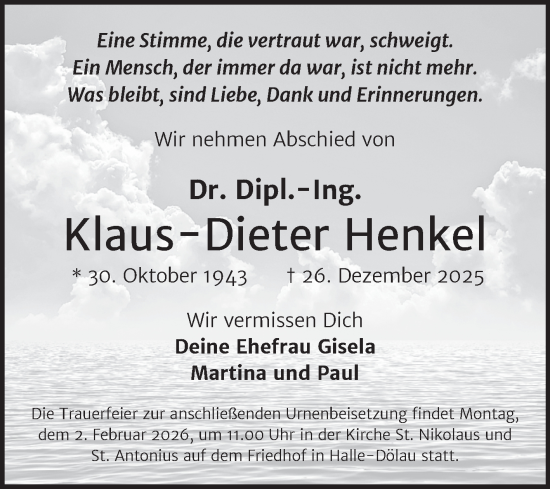 Traueranzeige von Klaus-Dieter Henkel von Mitteldeutsche Zeitung Halle/Saalkreis