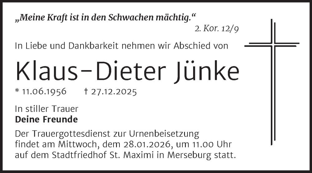  Traueranzeige für Klaus-Dieter Jünke vom 17.01.2026 aus Trauerkombi Merseburg