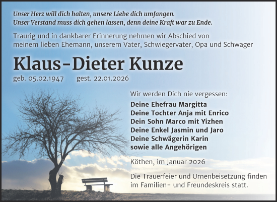 Traueranzeige von Klaus-Dieter Kunze von Trauerkombi Köthen