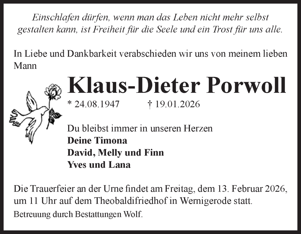  Traueranzeige für Klaus-Dieter Porwoll vom 24.01.2026 aus Volksstimme Wernigerode
