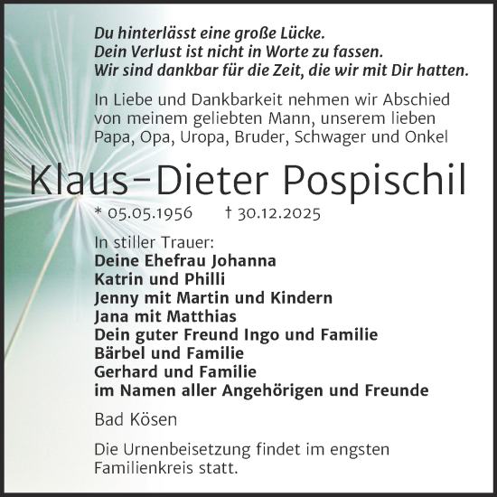 Traueranzeige von Klaus-Dieter Pospischil von Super Sonntag Naumburg/Nebra