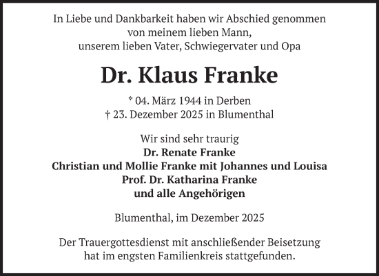 Traueranzeige von Klaus Franke von Volksstimme Burg/Genthin