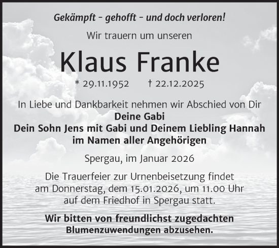 Traueranzeige von Klaus Franke von Trauerkombi Merseburg