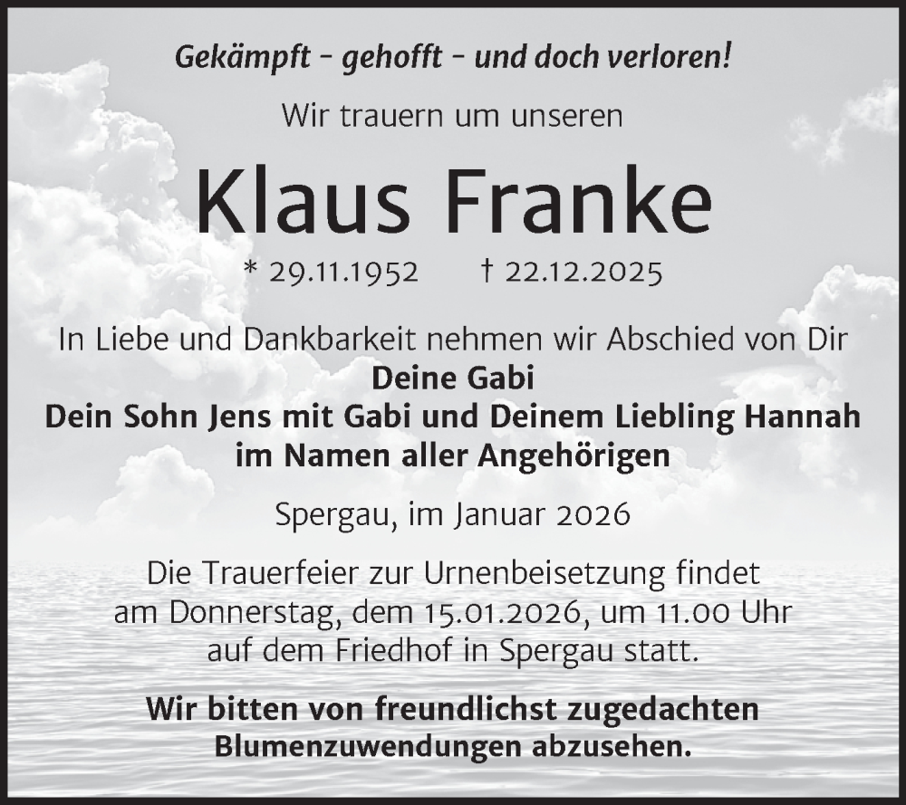  Traueranzeige für Klaus Franke vom 03.01.2026 aus Trauerkombi Merseburg