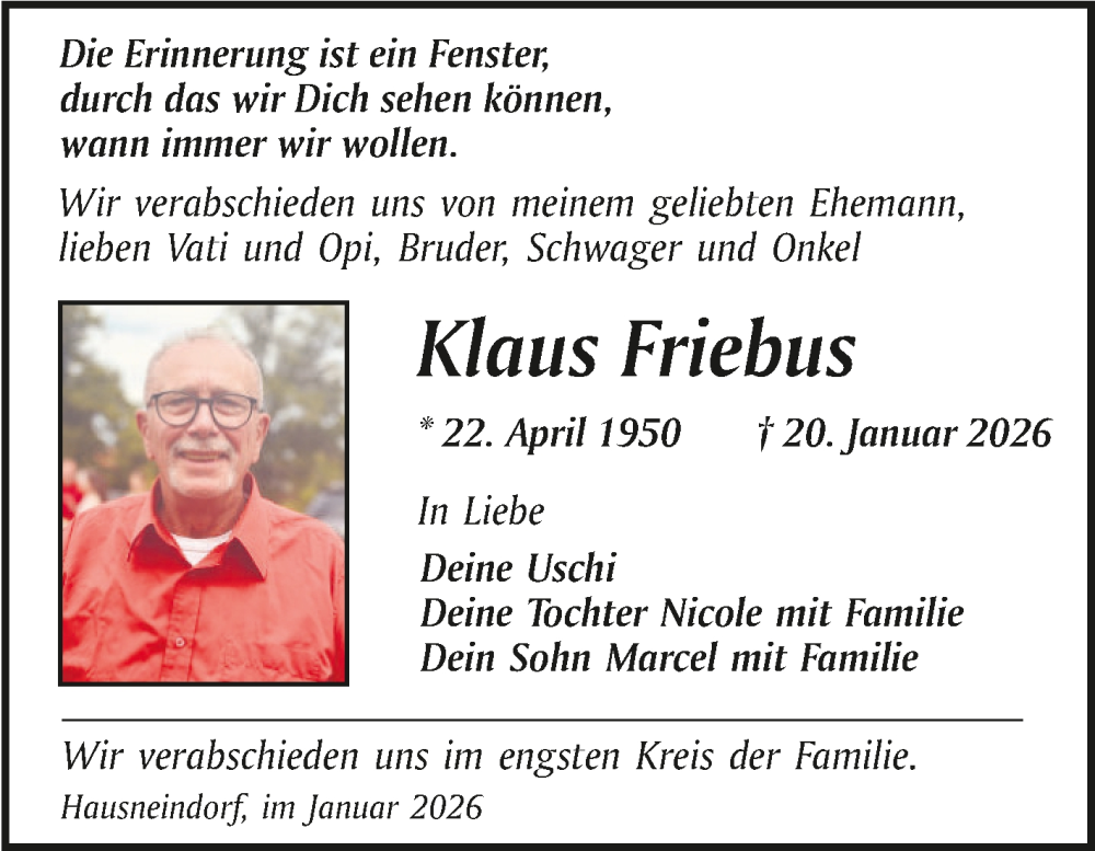  Traueranzeige für Klaus Friebus vom 24.01.2026 aus Trauerkombi Quedlinburg