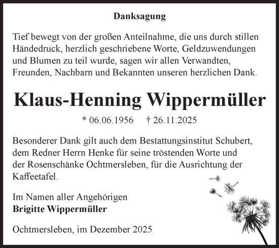 Traueranzeige von Klaus-Henning Wippermüller von Volksstimme Haldensleben/Wolmirstedt