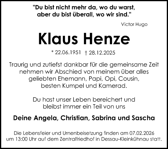 Traueranzeige von Klaus Henze von Trauerkombi Köthen