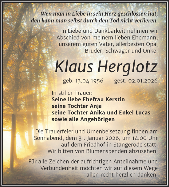 Traueranzeige von Klaus Herglotz von Trauerkombi Mansfelder Land