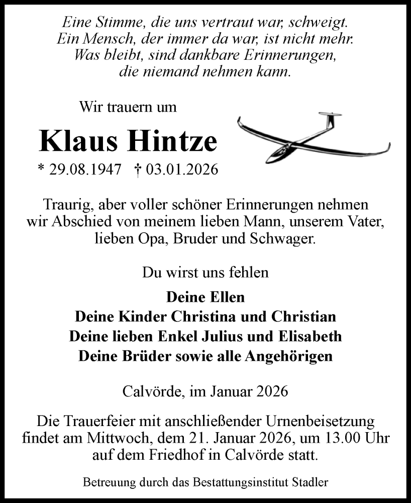  Traueranzeige für Klaus Hintze vom 17.01.2026 aus Volksstimme Altmark West