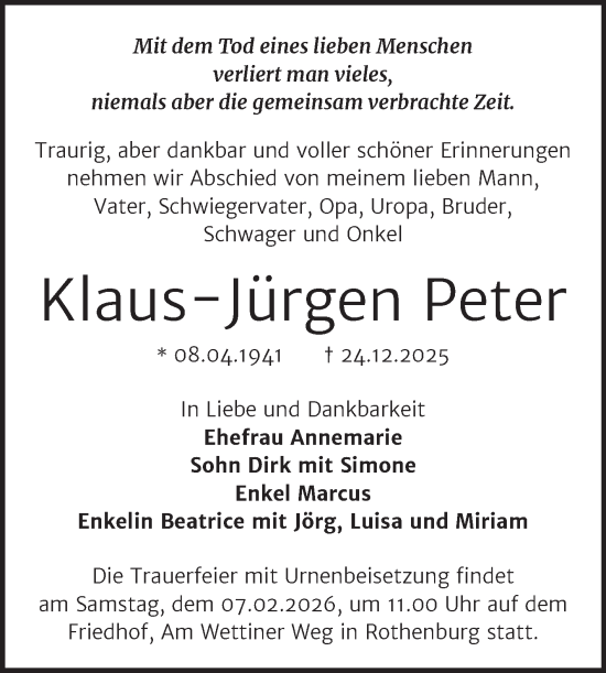 Traueranzeige von Klaus-Jürgen Peter 
