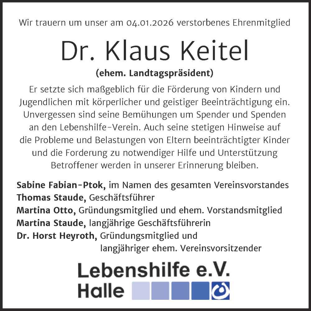  Traueranzeige für Klaus Keitel vom 24.01.2026 aus Mitteldeutsche Zeitung Halle/Saalkreis
