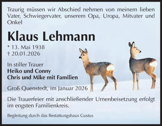 Traueranzeige von Klaus Lehmann von Volksstimme Halberstadt