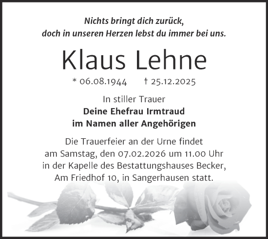 Traueranzeige von Klaus Lehne von Trauerkombi Sangerhausen