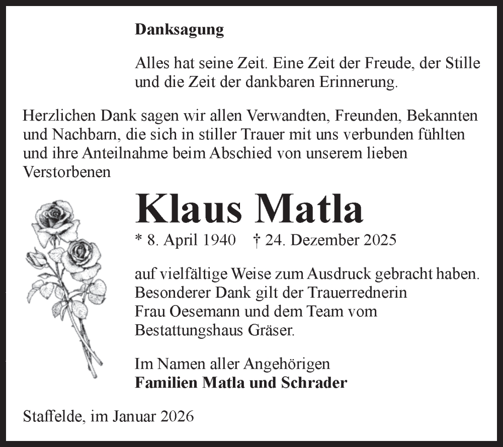  Traueranzeige für Klaus Matla vom 16.01.2026 aus Volksstimme Altmark Ost