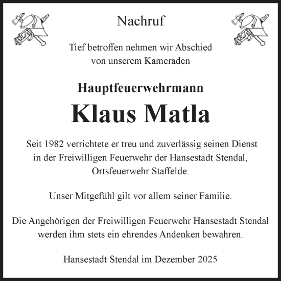 Traueranzeige von Klaus Matla von Volksstimme Altmark Ost