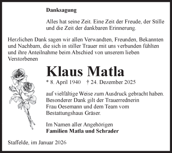 Traueranzeige von Klaus Matla von Volksstimme Altmark Ost