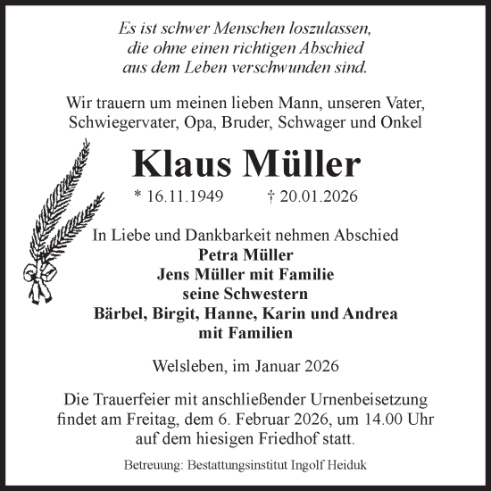 Traueranzeige von Klaus Müller von Volksstimme Schönebeck