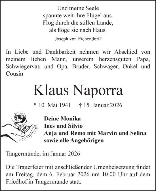 Traueranzeige von Klaus Naporra von Volksstimme Altmark Ost