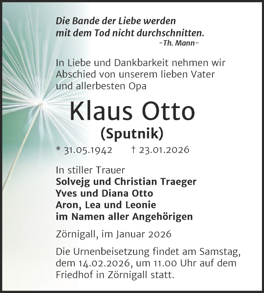  Traueranzeige für Klaus Otto vom 31.01.2026 aus Trauerkombi Wittenberg