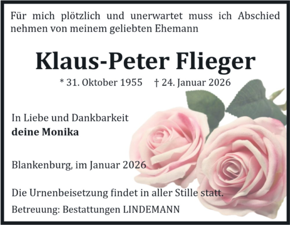  Traueranzeige für Klaus-Peter Flieger vom 31.01.2026 aus Volksstimme Wernigerode