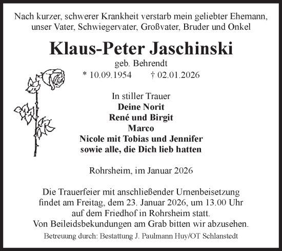 Traueranzeige von Klaus-Peter Jaschinski von Volksstimme Halberstadt